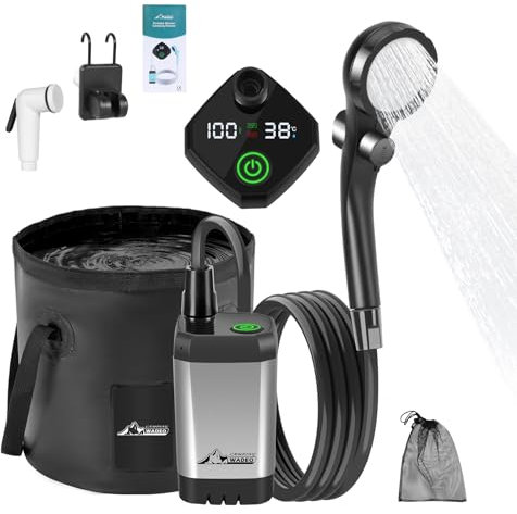 WADEO Tragbare Campingdusche Akku mit Pumpe und Eimer, Camping Dusche Outdoor mit wiederaufladbarem Akku, Mobile Duschen mit Duschkopf und Schlauch, für Camping Reisen Garten Autowaschen - Schwarz