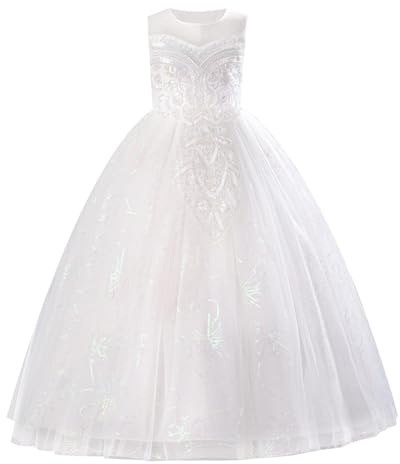 IDOPIP Enfant Fille Les Sequins Broderie Tulle Longue Robe Demoiselle d'honneur Fille Fleur Mariage La Fête Bal Officiel Soirée Anniversaire