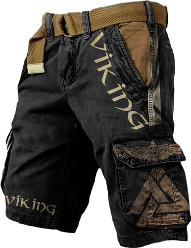 XuanXmy Pantalons Cargo Tactiques Imprimés pour Hommes Viking, Dessiné Rétro, à Plusieurs Poches, Shorts Amples (sans Ceinture) M