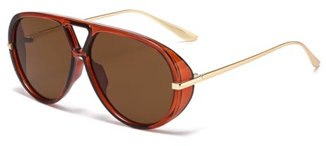 LJCZKA Gafas de Sol Piloto Grande para Mujer Hombre, Años 70 Retro Doble Puente Gafas de Sol Redondo Marco Metálico Protección UV400 (Rojo Marrón Marrón)