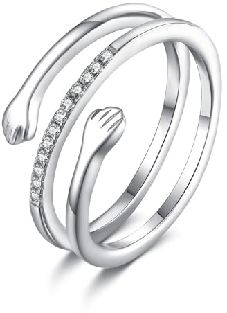 URONE kramring för kvinnor sterlingsilver vänskapsring kramande händer hopp smycken gåvor, Ädelmetall, Ingen ädelsten