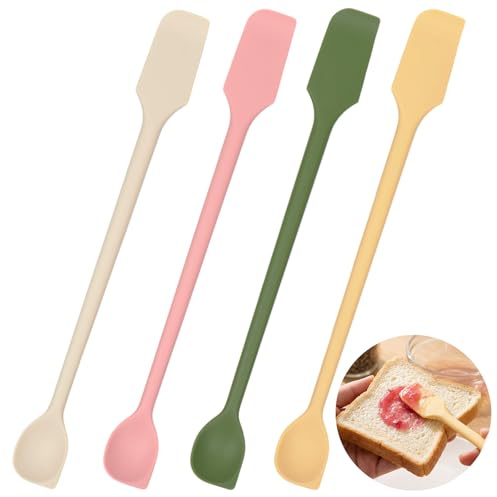 4 utensili da cucina, 26 x 2,8 cm, in silicone, a doppia testa, set di cucchiai e spatola, cucchiaio da cucina in silicone e spatola per bottiglie strette, marmellata, lozione di bellezza (4 colori)