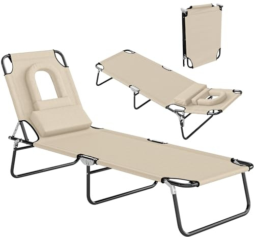 Outsunny Lettino Prendisole Pieghevole con Schienale Reclinabile su 4 Livelli, Sdraio da Giardino con Poggiatesta, Foro per il Viso, in Acciao e Tessuto, per Spiaggia Piscina Giardino, Beige
