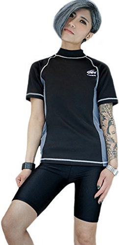 BaronHong kvinnor lesbiska tomboy zip up bröstärmar snabbtorkande badmode set topp + simbyxor, svart, M