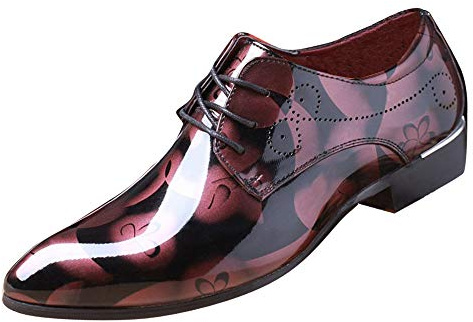 Mens Fashion Floral Patent Derby Shoes Lace Up Formal Business Shoes Pointed Toe Shiny Flat Faux Leather Dress Shoes
