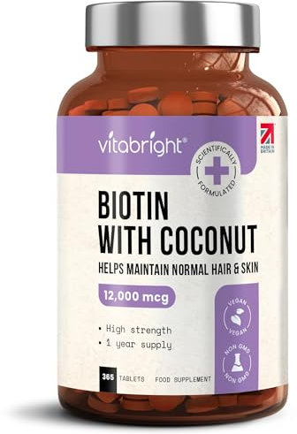VitaBright Biotin Hair Growth Vitamins | 12000mcg | 400 D-Biotin Tablets with Coconut | Vegan Hair Vitamins for Women and Men | High Strength | Vitamin B7