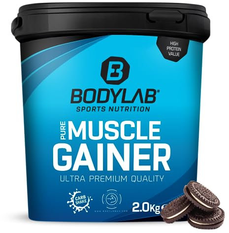 Bodylab24 Pure Muscle Gainer Cookies & Cream 2kg, je 100g 33g natürliche Kohlenhydrate, 40g Protein und 12g Fett, angereichert mit Kreatinmonohydrat, perfekter Weight Gainer Shake für den Masseaufbau