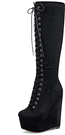NobleOnly Femme Cale Mi-Mollet Bottes Plateforme Fermeture Eclair Lacets Wedge Boots 16CM High Heels Noir Suède Chaussures EU 43