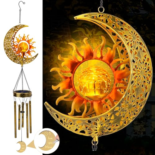 JYPS Sun Moon Solar Wind Chimes, 47-Inch Large Waterproof Windchimes for Outside with Glowing Crackle Glass Ball, Garden Patio Yard Decor Christmas Day Birthday Unique Gifts for Women Mom Grandma Wife