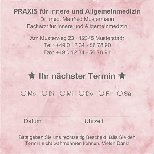 Terminzettel Terminkarten nächster Termin mit Ihrer Adresse personalisiert, inkl. praktischer Zettelbox mit Stiftehalter, 10 x 10 cm (marmor rot) (1000)