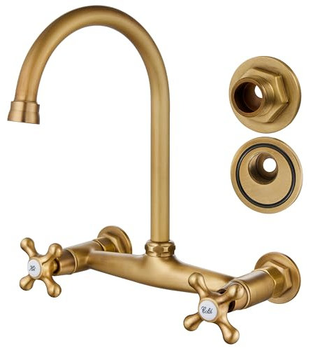 Airuida Antique Brass Wall Mount Kitchen Sink Faucet, Wall Mounted 8 Inches Center Faucet, Wall Mounted Commercial Kitchen Faucet, 360 Degree Swivel Spout Mixer Commercial Tap with Female Thread