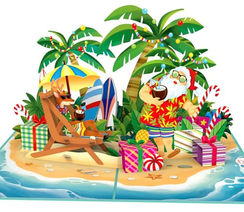 papercrush® Biglietto pop up natalizio Babbo Natale sulla spiaggia – Divertente biglietto di Natale 3D per bambini, donne, uomini, Biglietto d'auguri di Natale fatto a mano con busta per mamma o pappa