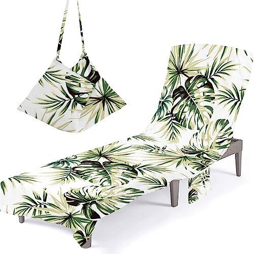 Surwin Toalla de playa para tumbonas, Fundas para Tumbonas con Bolsillos Laterales Hoja de banana Cubierta para Silla de Piscina para Verano Tumbona de Jardín Exteriores (75x210cm,Verde claro)