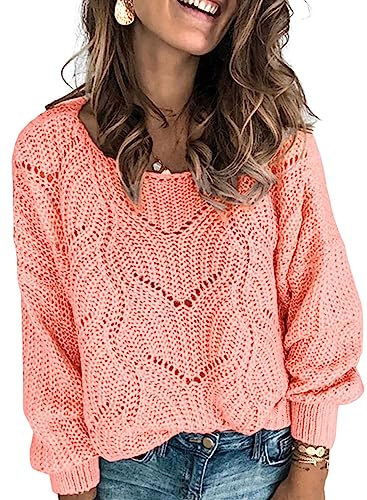 Dokotoo Womens Sweaters Ladies Cute Fashion Casual Loose Winter Fall Summer Solid Hollow Out Crochet Chunky Cable Knit Crewneck Long Sleeve Knitting Sweaters Pullover Outerwear Pink XX-Large