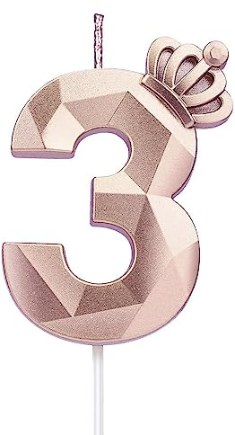 Vela número 3, vela grande de feliz cumpleaños de 7.6 cm con exquisita corona 3D diseñada para decoración de tartas para bodas, aniversarios, cumpleaños, reuniones, fiestas, celebraciones (Rosa-3)