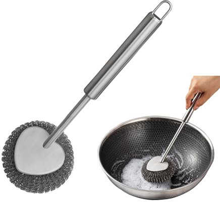 Topfreiniger Schwämme Topfbürste aus Edelstahl Drahtkugel,Küchenbürste Spülbürste für Pfannen,Geschirrbürste mit Griff Bürste Waschtopf für Reinigen von Töpfen und Pfannen (Kurzer Griff)