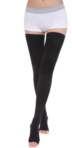 Gambaletti Elastici Compressione Graduata Forte, Calze compressive a punta aperta 23-32 mmHg Classe 2, Calze autoreggenti a coscia alta, Supporto antistress, Vene varicose, Nero, XL