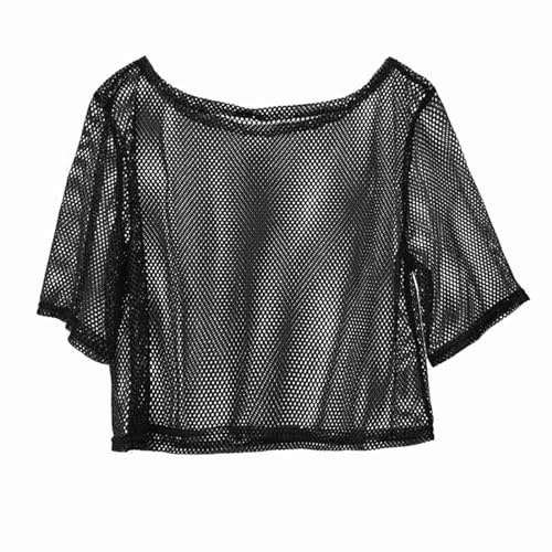 Yokawe T-Shirt en résille pour femmes, pull à manches courtes à manches trois quarts, haut de danse en boîte de nuit pour adultes Noir M