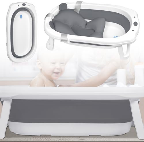 UISEBRT Faltbare Baby Badewanne Babywanne Kinderbadewanne Baby-Duschwanne mit Ergonomischem Badekissen Platzsparend Anti Rutsch Badewanne für Neugeborene, Babys ab 0 Monaten, Grau