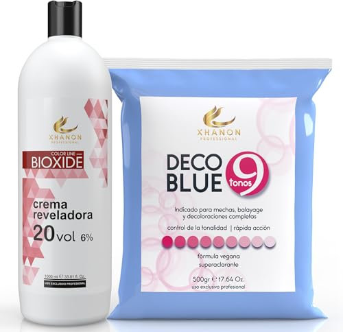 Pack Oxigenada en Crema 1000ml 20 Vol + Polvos Decolorantes de Cabello Azul 9 tonos 500gr | Fórmula Vegana | Superaclarante | Xhanon Professional