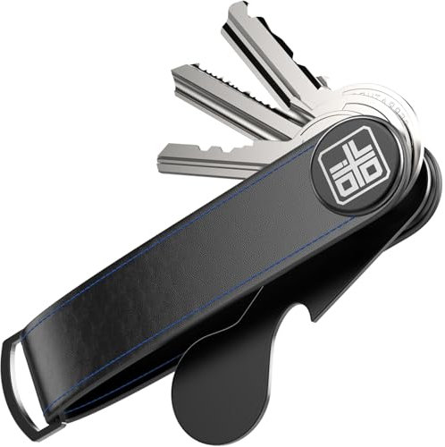 Ivoxo Key Organizer Leder – Stilvolles Schlüsseletui mit Flaschenöffner & Einkaufswagenlöser, Key Organizer bis zu 7 Schlüssel, Smart Key Halter – Schlüsselbund Organizer (Blaue Naht)