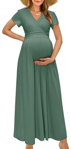 OUGES Maternity Maxi Dress Wrap Baby Shower Pregnancy Dresses for Photoshoot Maternity Outfits Summer Clothes 2026(Gray Green,L)