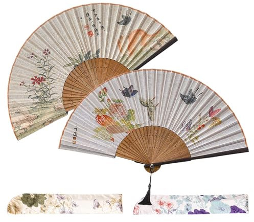 wocpvm 2 Stück Bambus Handfächer Chinesische Fächer Handfächer mit Quaste Vintage Handfächer mit Geschenktüte - für Tanz, Party, Cosplay, Geburtstag Geschenk, Requisiten-Dekoration