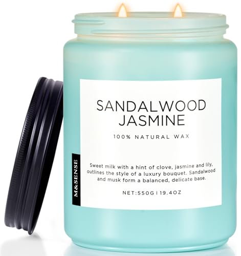 M&SENSE Sandalwood Jasmine Large Organic Soy Scented Candles Gifts for Men Women 2 Wick 550g 110 Hours Candles for Home Decor Friend Family Non Toxic Aromatherapy Candle for Stress Relief Relaxtion