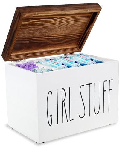 Sutowe Tampon Holder with Lid Wooden Tampon Sanitary Pad Storage 2 Compartments 20x15x13cm Lady Stuff Box Feminine Product Organizer Bathroom Storage Bin Period Organizer(white)