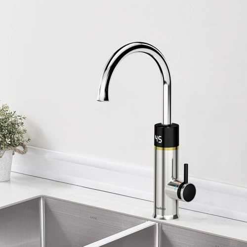 Briwellna Stainless Electric Instant Cold and Hot Water Heater Tap 220V, Kitchen Electric Faucet with Digital Display, 360 Degree Rotate (Silver)