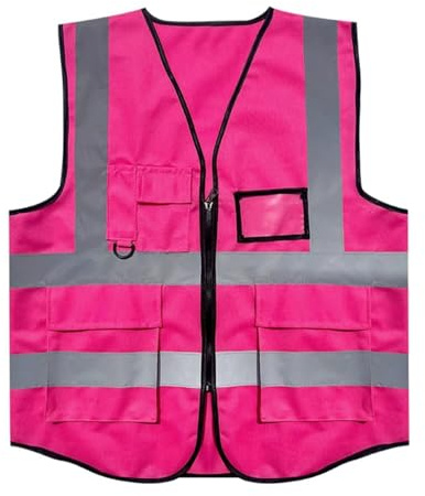 AONAYO Warnweste Pink,Warnweste Erwachsene,Security Weste,Rosa Sicherheitsweste Mit Taschen Und Reißverschluss,Reflektierende Jacke Für Den Außenbereich