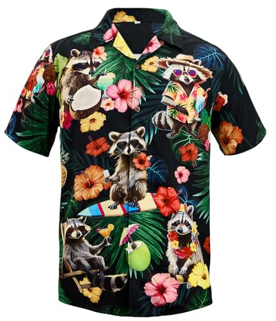 Hawaiian Shirt for Men Funny - Tropical Raccoon Aloha Button Down, Breathable Summer Casual Beach Shirts for Parties, Luaus, and Vacations X-Large