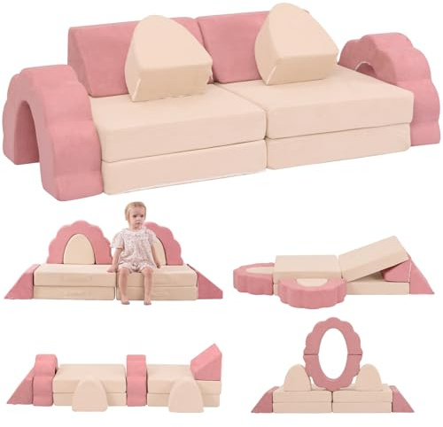 Annualring 10-Piece Mini Kids Play Couch, Modular Flower Foam Sofa for Toddlers, Convertible Soft Play Sofa with Washable Cover, Indoor Climbing Furniture for Nursery & Playroom, Pink & Beige