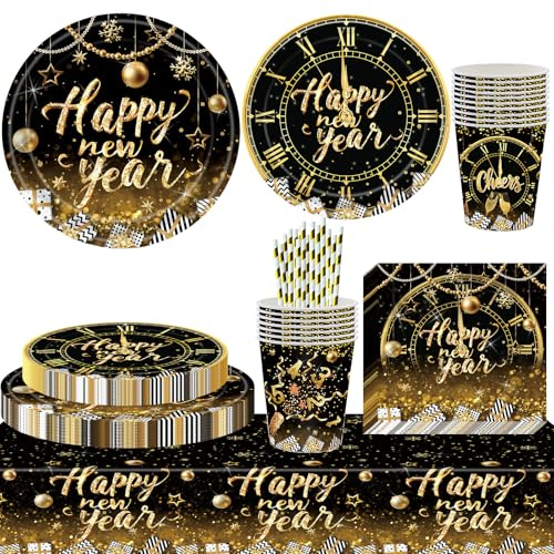 101 Pcs De Vaisselle Decoration Pour Fête Du Nouvel An 2026,Happy New Year 2026,Vaisselle De Fête Decoration Ensemble Assiette,Tasses, Serviettes Nappe pour Nouvel- An