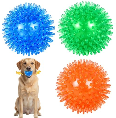 QyueQyat Spiky Dog Ball, Squeaky Dog Ball, 3 Pack Interactive Dog Toys for Small and Medium Dogs, Bouncy and Floatable for Fetch Games, Dental Care and Teething Relief, 6.5 cm in Blue, Green, Orange