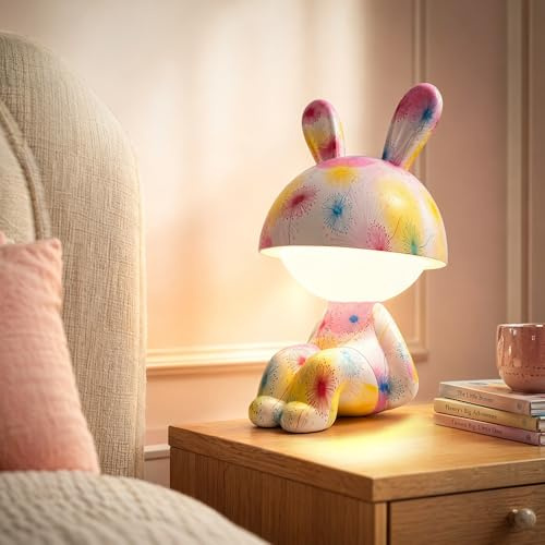 Woukksy Luz Nocturna Infantil, RGB Lampara de Mesita de Noche Táctil Brillo Ajustable, Luz Mesita de Noche con Forma de Conejo 7 Modos Recargable, Lámpara Noche para Niños Sin Cable Regalo para Niña