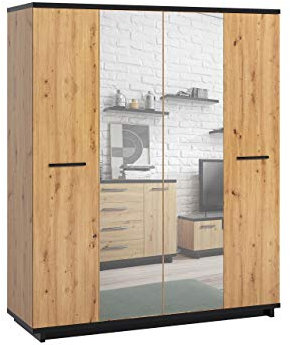 Drehtürenschrank Ines SZ4D, 4 Türen, 2 Schubladen, 2 Kliederstangen, Spiegel, Garderobenschrank in Holz-Optik, Kleiderschrank für Diele & Flur, Schlafzimmer (Eiche Artisan + Schwarz / Eiche Artisan)