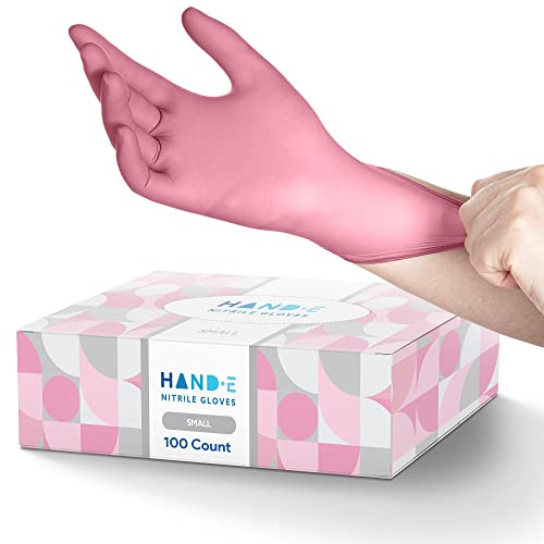 Hand-E Touch Disposable Pink Nitrile Gloves Small, 100 Pack -Powder and Latex Free Gloves