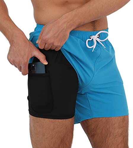 Arcweg badbyxor för män med kompressionsfoder, 2-i-1 snabbtorkande badshorts med fodrade boxershorts, stretchiga strandshorts med blixtlåsfickor, S – XXL