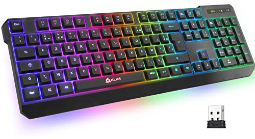 KLIM Chroma Tastiera Wireless AZERTY FRANCE - Sottile, Resistente, Ergonomica + Tastiera Gaming Retroilluminata Silenziosa e Impermeabile + Tastiera PC Mac PS4 + NUOVA + Nera (Ricondizionato)
