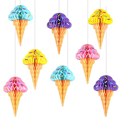 8PCS Ice Cream Honeycomb Balls Decorations Centerpieces for Tables Ice Cream Hanging Ceiling Sign Tissue Paper Ice Cream Party Supplies for Summer Theme Birthday Baby Shower Bridal Shower Party Favor
