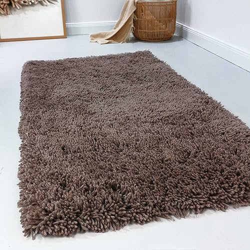 Wecon Home Esprit Hochflor Teppich modern, einfarbig, flauschig aus 100% Schurwolle für Wohnzimmer, Schlafzimmer und Kinderzimmer – Seattle Shag (70 x 140 cm, Taupe)