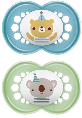 MAM Original Succhietto 6+ Mesi (Set da 2), Ciuccio MAM 6-16 mesi con tettarella ortodontica in silicone, Kit da 2 accessori neonato con pratico porta ciuccio sterilizzatore, Azzurro/Verde
