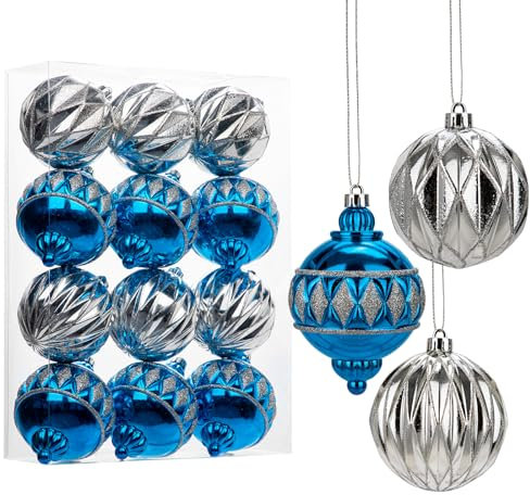 Hollyone Weihnachtskugeln Set 12 Stück Christbaumkugeln Blau Silber Weihnachtsbaumschmuck für Weihnachtsdeko Dekorative hängende Kugeln für Weihnachten Party Urlaub
