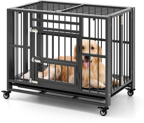 COSTWAY Heavy Duty Dog Crate, 38 inch Folding Pet Cage on Wheels with Removable Tray, 3 Lockable Doors, Metal Puppy Training Crates for Small Medium Sized Dogs
