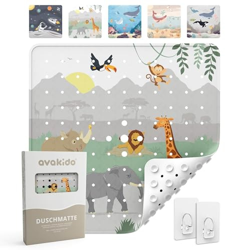 avakido® Tappetino doccia antiscivolo bambini 53x53 cm - Con 2 ganci inclusi - Tappeto quadrato antiscivolo senza BPA, lavabile e antimuffa