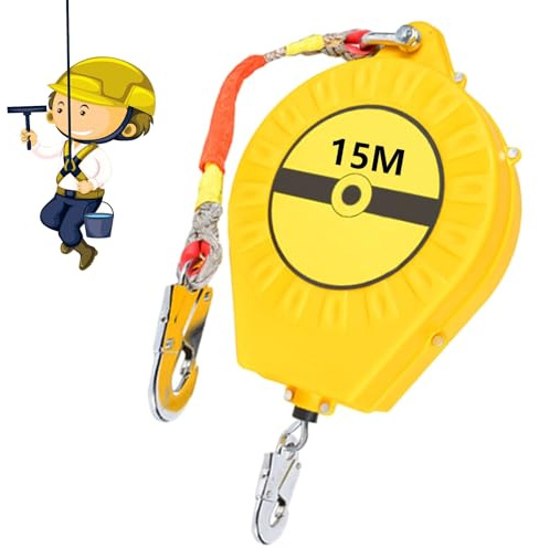 BOVDC Dispositivo Anticaídas Retráctil, Linea de Vida Retractil Homologado, Arnés de Seguridad Anticaídas Retráctil 3-20m para Trabajos Aéreos, Carga Máxima:150kg(Amarillo, 15m)