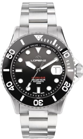 Lorenz Hydro-Sub 090011AA Orologio da uomo automatico svizzero con cinturino in acciaio inossidabile e 500 metri subacqueo professionale, cofanetto con cinturino in gomma omaggio