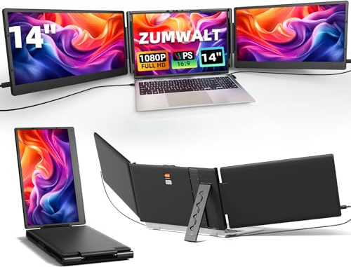 ZUMWALT Laptop Screen Extender, 14 Triple Portable Monitor for Laptop, 1080P FHD Screen Extender Monitors for 13-16.5, Monitor Extender for MacOS/Windows/Chrome (Built-in Speakers)