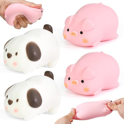 Kleemeiero 4 PCS Juguetes para Apretar, 2 Cerdo Rosa Antiestres y 2 Squishies en Forma de Perro, Juguetes Sensoriales para Apretar, Squishy Regalos, Juguetes Antiestrés para Adultos